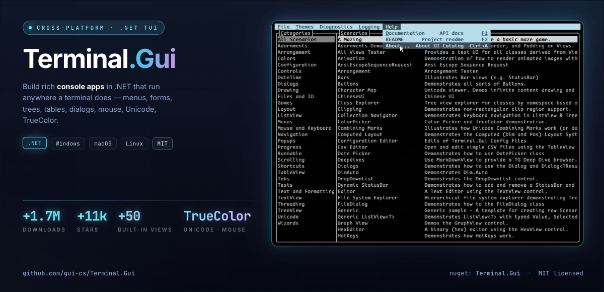 Terminal.Gui — cross-platform TUI toolkit for .NET. Build full-featured terminal UIs with menus, forms, tables, charts, wizards and file dialogs. 30+ stars, Windows / macOS / Linux, MIT-licensed.